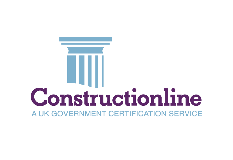 Constructionline logo with a blue column icon and text stating UK government certification service.