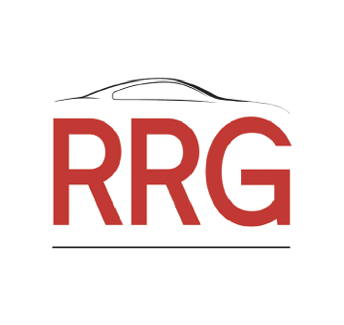 Logo with large red letters RRG under a black car silhouette and a thin black line below.