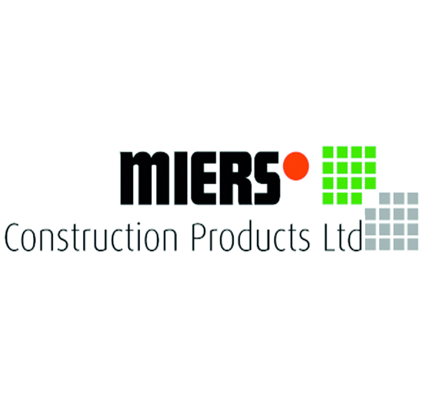 MIERS Construction Products Ltd logo with black text, red dot, and green and gray square patterns.