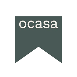 Ocasa brand name in lowercase letters on a dark green pointed banner background.