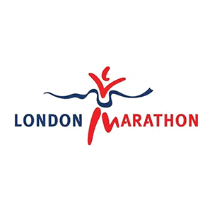 Logo of a stylized runner with navy wave and text 'London Marathon' in navy and red.