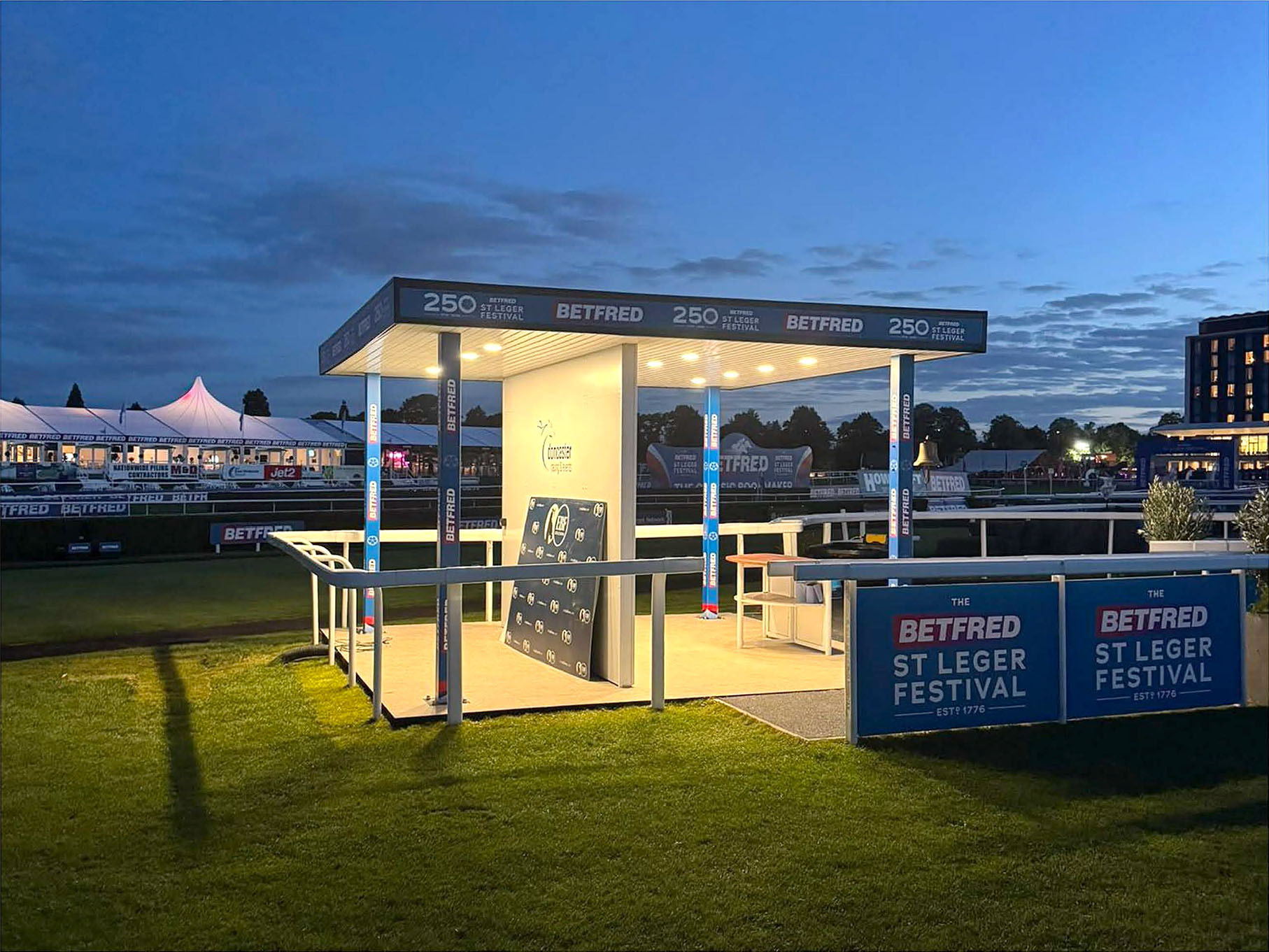 The Bodhi Solutions Stand at Doncaster Racecourse at dusk