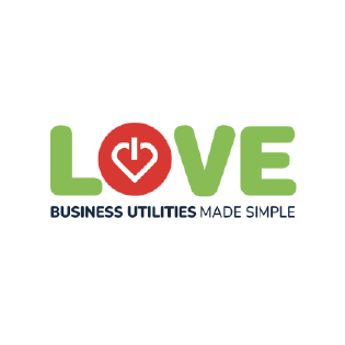Logo for LOVE Business Utilities with a red power button symbol replacing the O.
