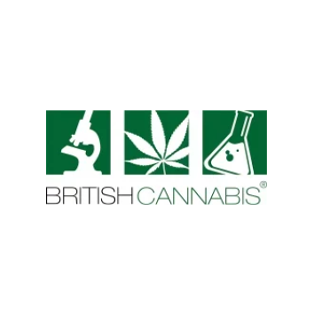Logo with microscope, cannabis leaf, and lab flask icons above the text British Cannabis.