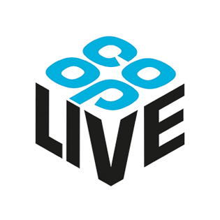 Logo with blue shapes and black text spelling LIVE in a cube design.
