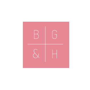 Pink square with white letters B, G, & H separated by thin white lines in a grid pattern.