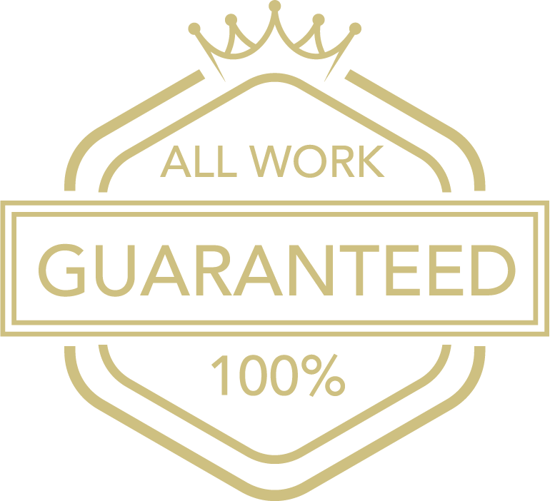 Gold emblem with crown stating 100% all work guaranteed.