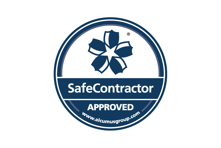 SafeContractor Approved logo with stylized flower and website www.alcumusgroup.com below.