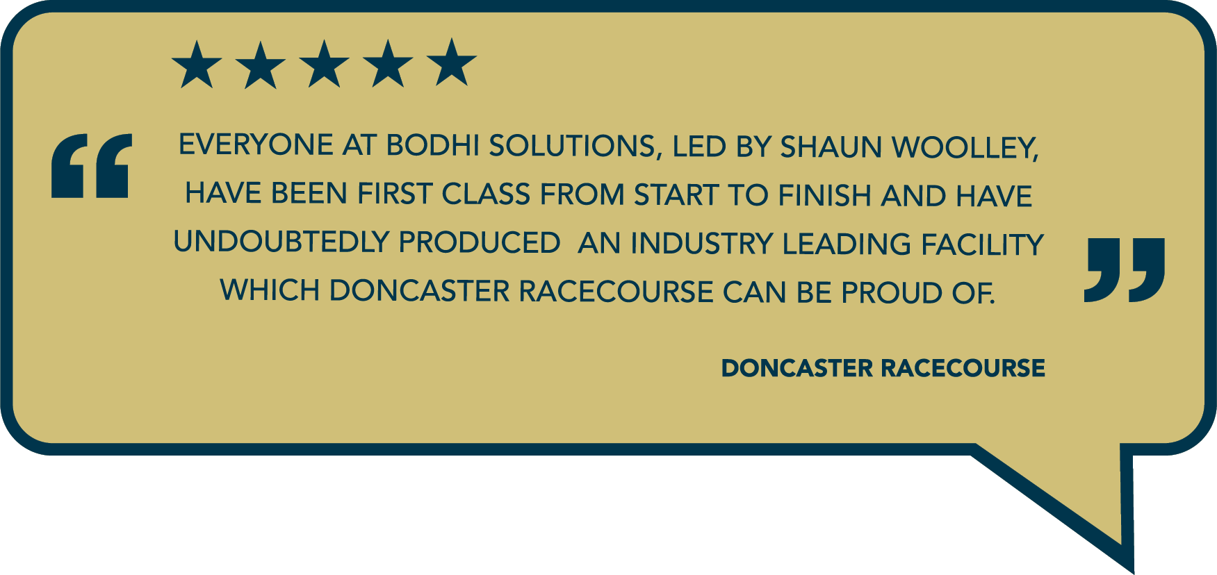 Five-star testimonial praising Bodhi Solutions for producing an industry-leading Doncaster Racecourse facility.