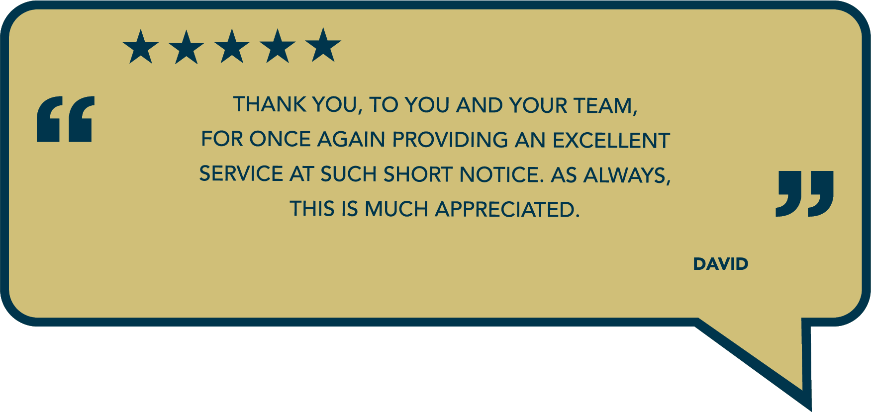 Five-star customer testimonial thanking the team for excellent service on short notice, signed David.